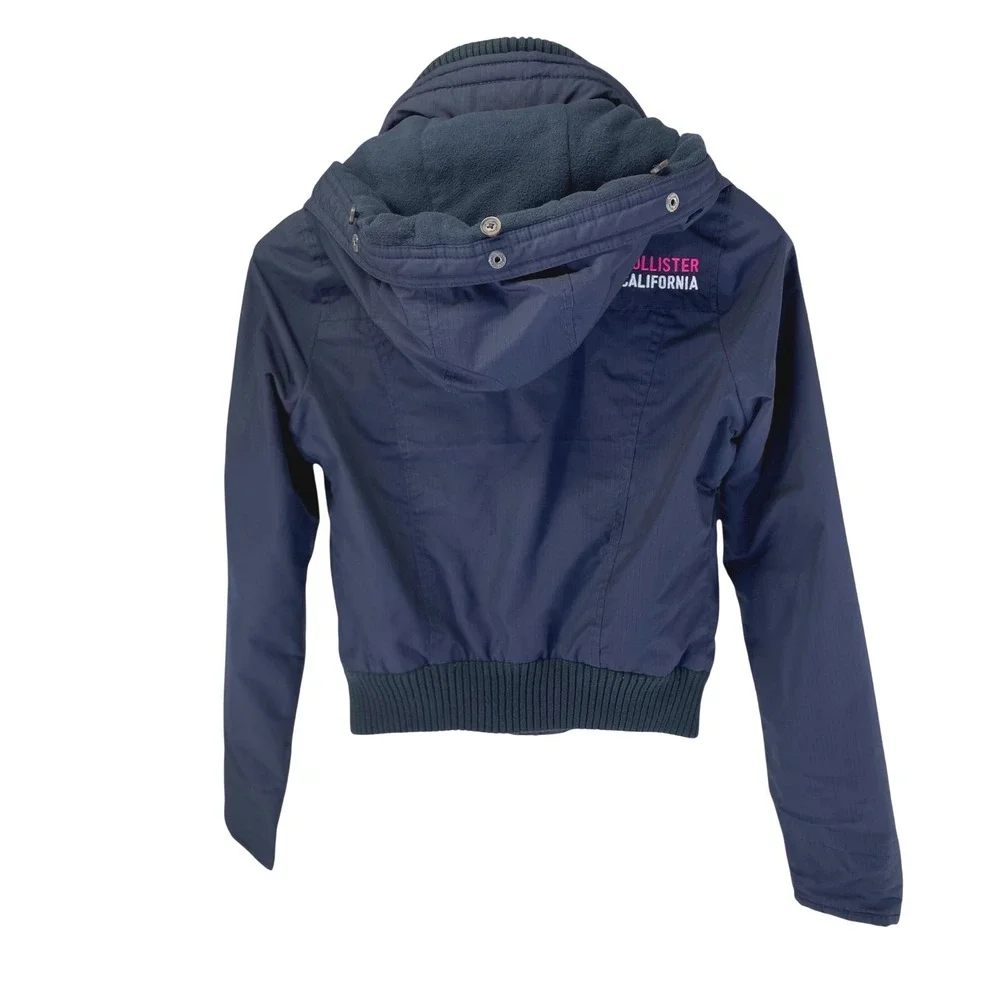 Hollister Navy Blue All-Weather Jacket Fleece Lined Removable Hood XS No Fur - Picture 5 of 15